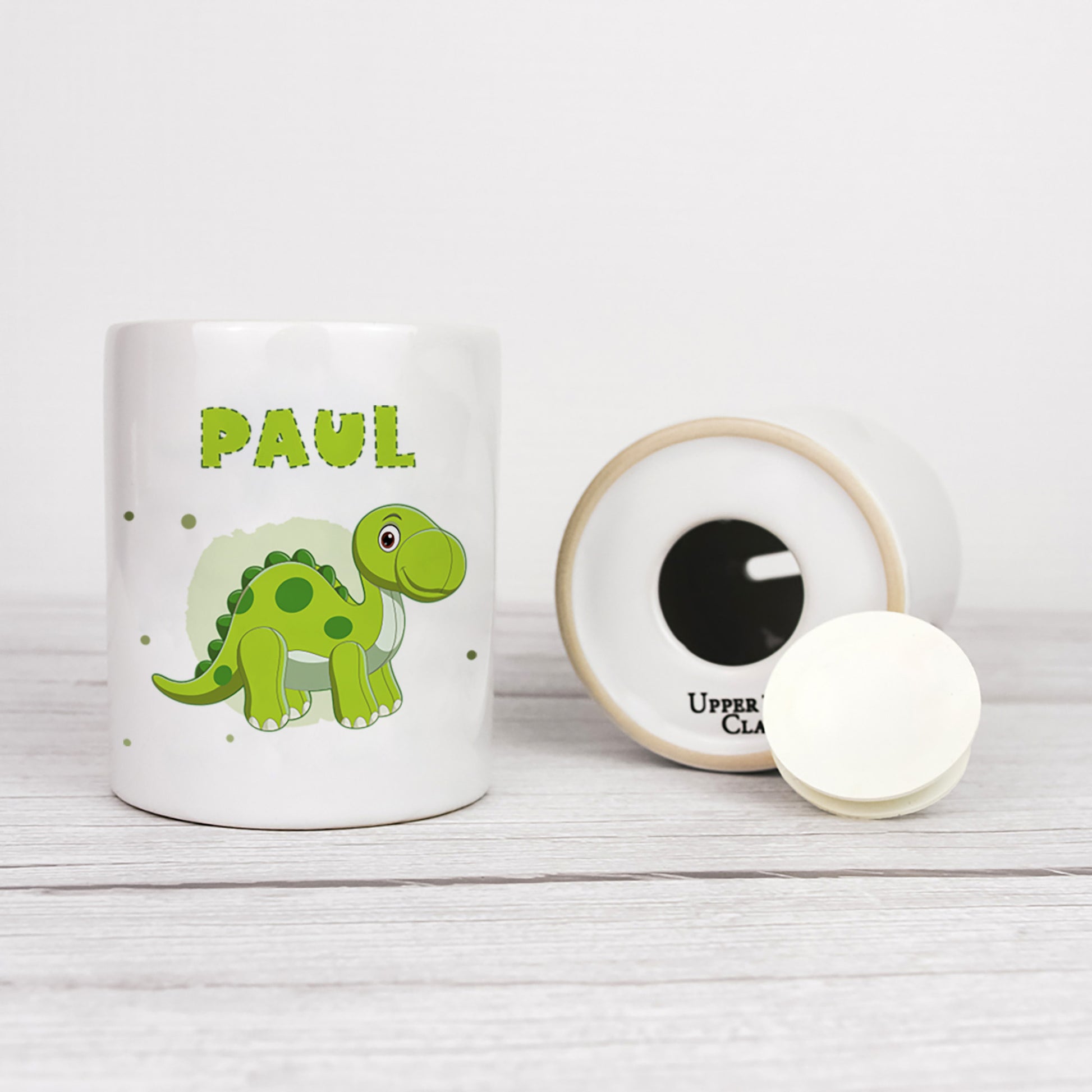Personalisierte Spardose aus Keramik | mit Wunschnamen | Dino 4 | Brachiosaurus | grün | Geldgeschenk für Dinosaurier Fan - verschenkich.de