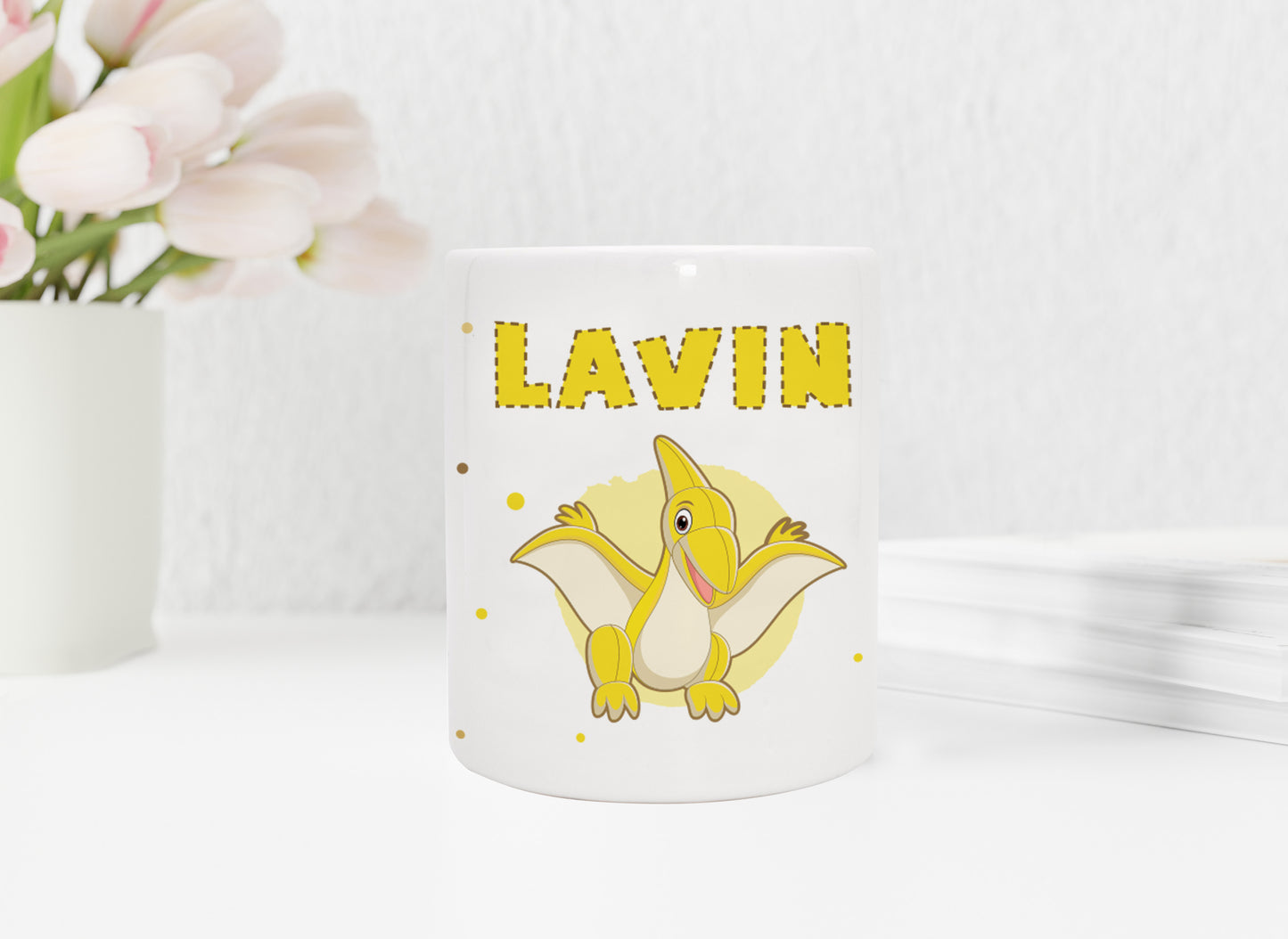 Personalisierte Spardose aus Keramik | mit Wunschnamen | Dino 5 | Pteranodon | gelb | Geldgeschenk für Dinosaurier Fan - verschenkich.de