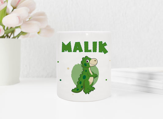 Personalisierte Spardose aus Keramik | mit Wunschnamen | Dino 6 | Rex | grün | Geldgeschenk für Dinosaurier Fan - verschenkich.de