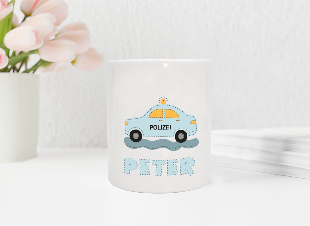 Personalisierte Spardose aus Keramik | mit Wunschnamen | zur Taufe | Geburtstag | als Geldgeschenk | Fahrzeuge | Polizei Auto - verschenkich.de
