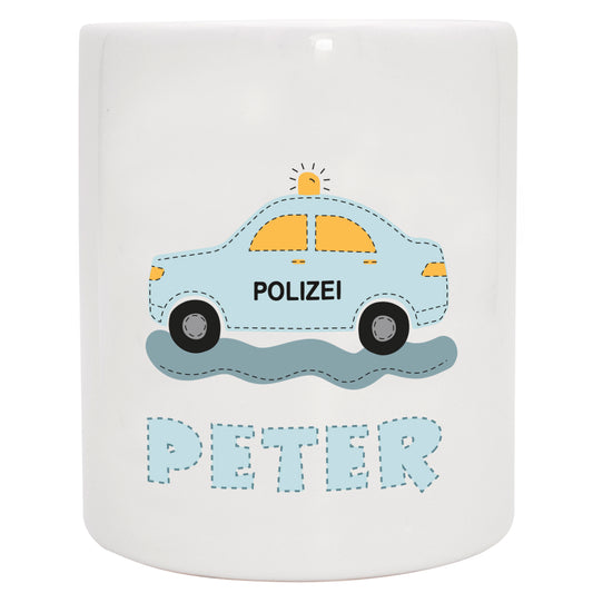 Personalisierte Spardose aus Keramik | mit Wunschnamen | zur Taufe | Geburtstag | als Geldgeschenk | Fahrzeuge | Polizei Auto - verschenkich.de