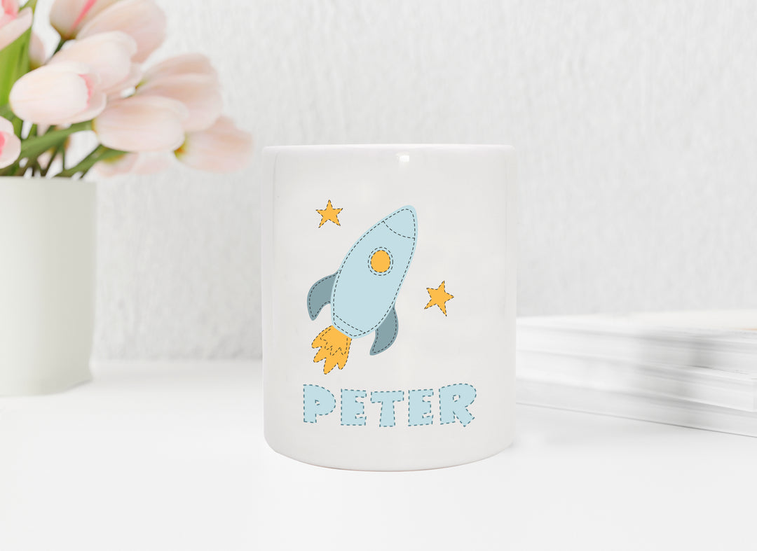 Personalisierte Spardose aus Keramik | mit Wunschnamen | zur Taufe | Geburtstag | als Geldgeschenk | Rakete ins Weltall | für Astronauten - verschenkich.de