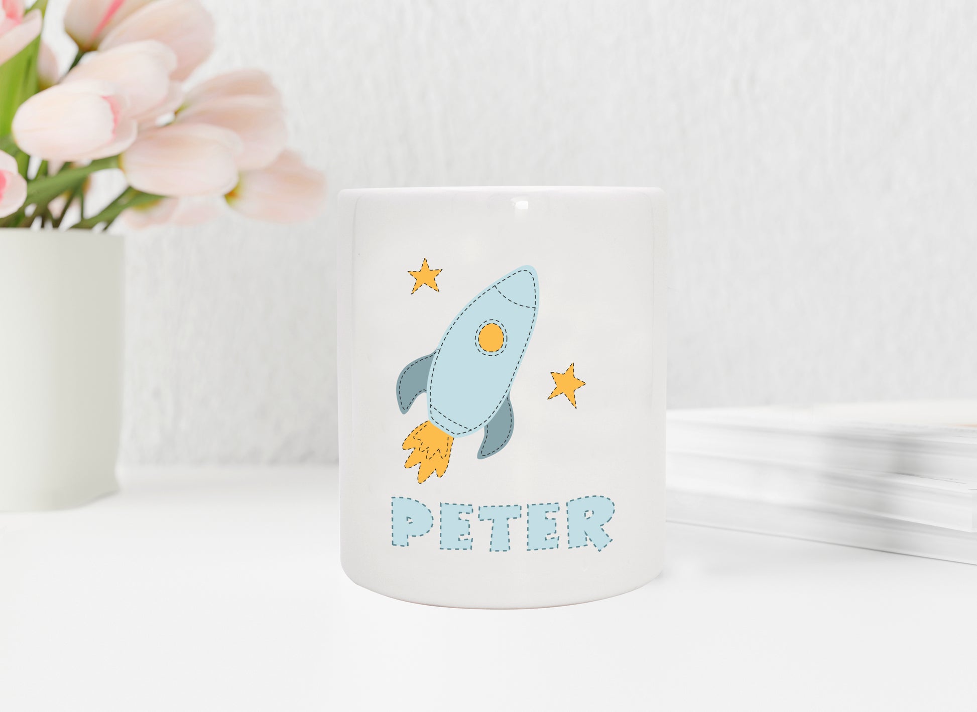 Personalisierte Spardose aus Keramik | mit Wunschnamen | zur Taufe | Geburtstag | als Geldgeschenk | Rakete ins Weltall | für Astronauten - verschenkich.de