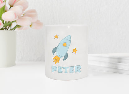 Personalisierte Spardose aus Keramik | mit Wunschnamen | zur Taufe | Geburtstag | als Geldgeschenk | Rakete ins Weltall | für Astronauten - verschenkich.de