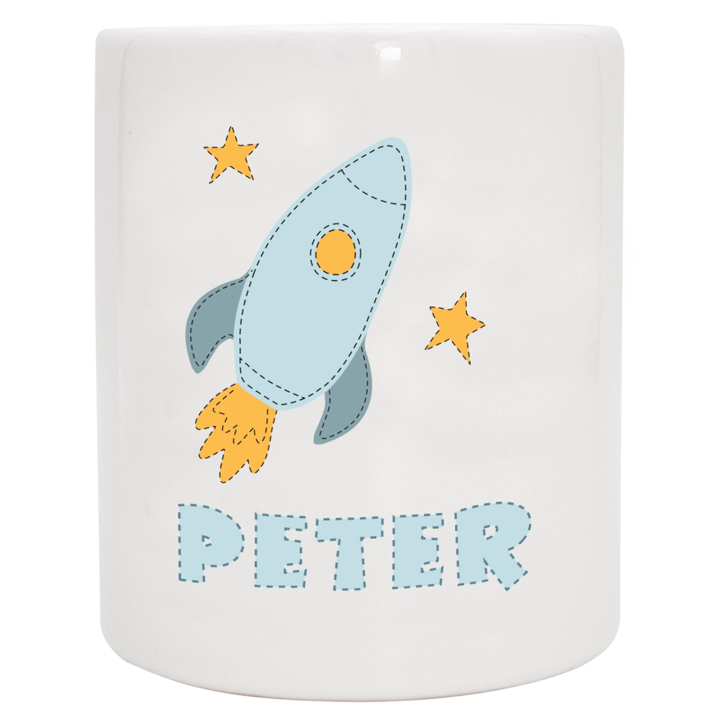 Personalisierte Spardose aus Keramik | mit Wunschnamen | zur Taufe | Geburtstag | als Geldgeschenk | Rakete ins Weltall | für Astronauten - verschenkich.de