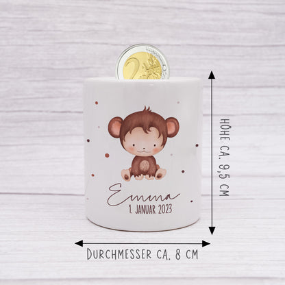 Personalisierte Spardose aus Keramik | mit Wunschnamen und Datum | Affe | Tierkinder | Geldgeschenk zur Geburt, Taufe oder Geburtstag - verschenkich.de