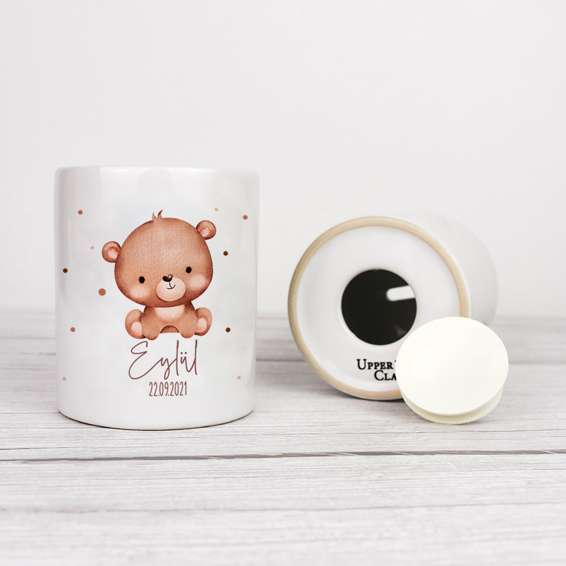 Personalisierte Spardose aus Keramik | mit Wunschnamen und Datum | Bär | Tierkinder | Geldgeschenk zur Geburt, Taufe oder Geburtstag - verschenkich.de