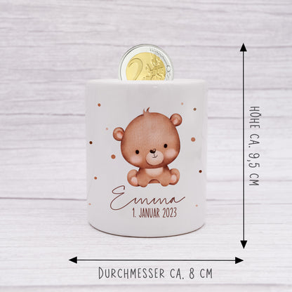 Personalisierte Spardose aus Keramik | mit Wunschnamen und Datum | Bär | Tierkinder | Geldgeschenk zur Geburt, Taufe oder Geburtstag - verschenkich.de