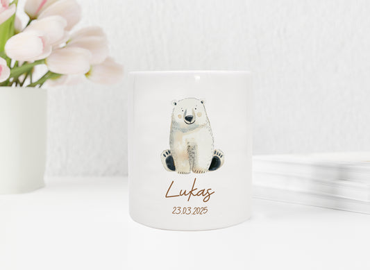 Personalisierte Spardose aus Keramik | mit Wunschnamen und Datum | Eisbär | Tierparty | bezauberndes Geldgeschenk für Kinder - verschenkich.de