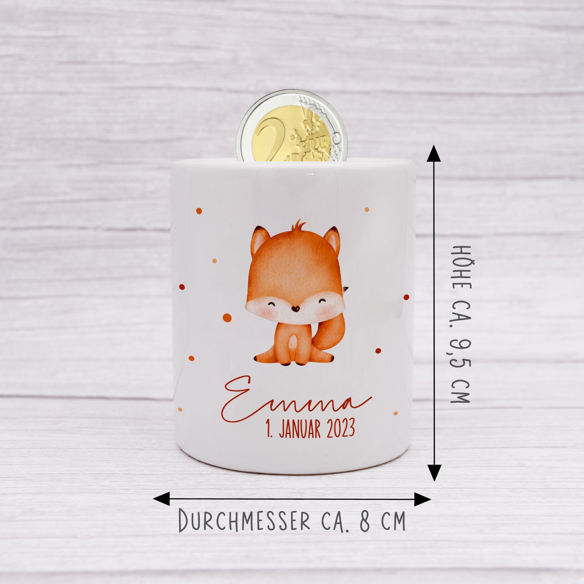 Personalisierte Spardose aus Keramik | mit Wunschnamen und Datum | Fuchs | Tierkinder | Geldgeschenk zur Geburt, Taufe oder Geburtstag - verschenkich.de