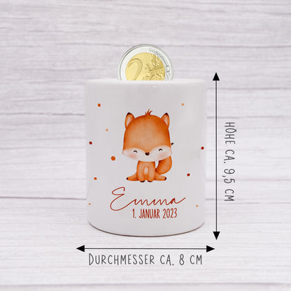 Personalisierte Spardose aus Keramik | mit Wunschnamen und Datum | Fuchs | Tierkinder | Geldgeschenk zur Geburt, Taufe oder Geburtstag - verschenkich.de