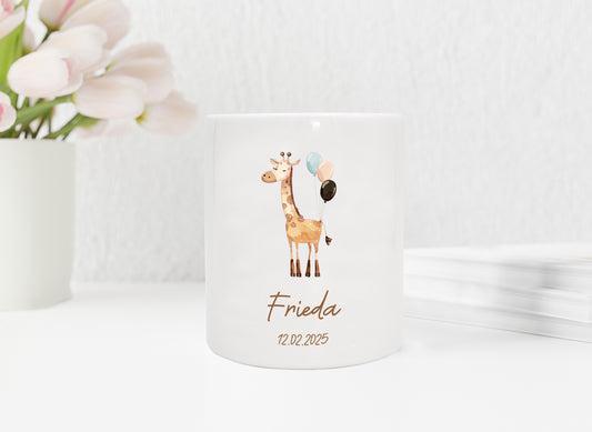 Personalisierte Spardose aus Keramik | mit Wunschnamen und Datum | Giraffe mit Ballons | Tierparty | bezauberndes Geldgeschenk für Kinder - verschenkich.de