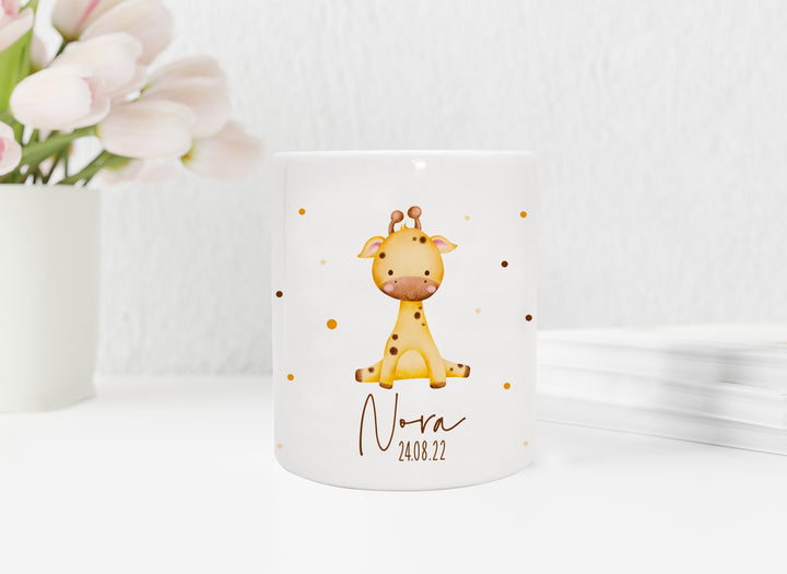Personalisierte Spardose aus Keramik | mit Wunschnamen und Datum | Giraffe | Tierkinder | Geldgeschenk zur Geburt, Taufe oder Geburtstag - verschenkich.de