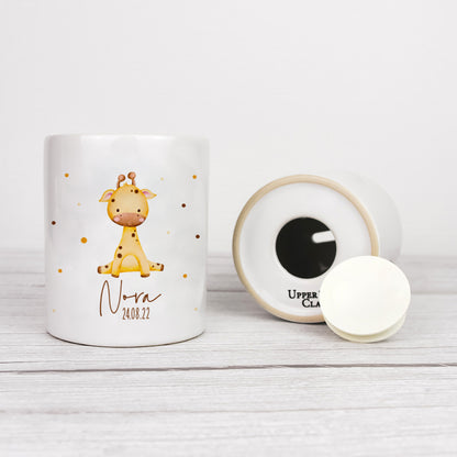 Personalisierte Spardose aus Keramik | mit Wunschnamen und Datum | Giraffe | Tierkinder | Geldgeschenk zur Geburt, Taufe oder Geburtstag - verschenkich.de