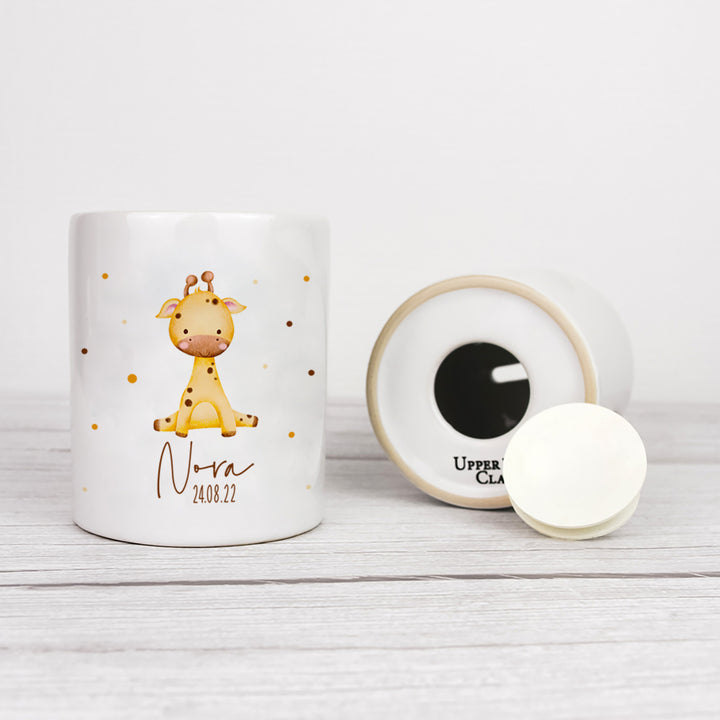 Personalisierte Spardose aus Keramik | mit Wunschnamen und Datum | Giraffe | Tierkinder | Geldgeschenk zur Geburt, Taufe oder Geburtstag - verschenkich.de