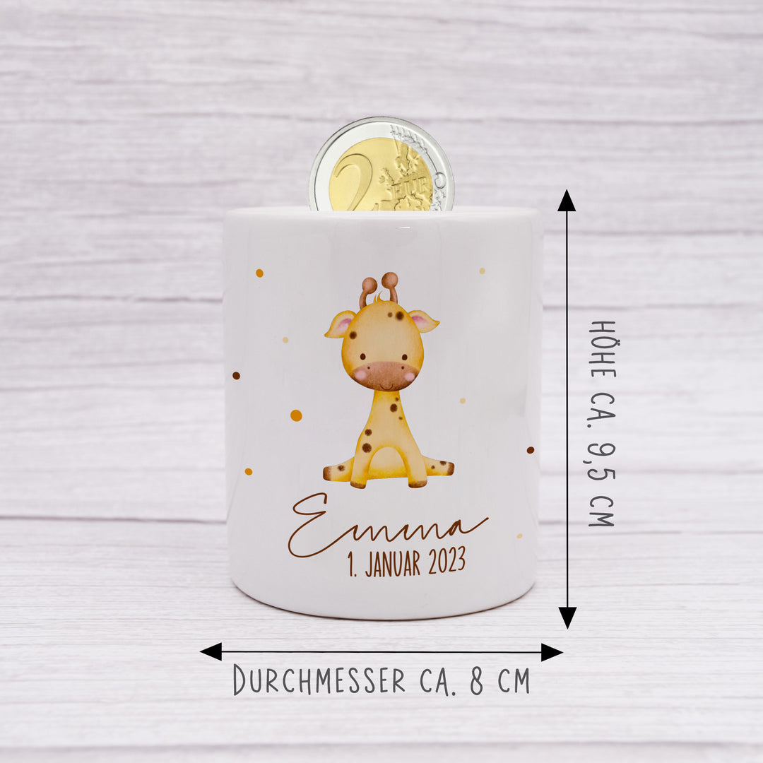 Personalisierte Spardose aus Keramik | mit Wunschnamen und Datum | Giraffe | Tierkinder | Geldgeschenk zur Geburt, Taufe oder Geburtstag - verschenkich.de