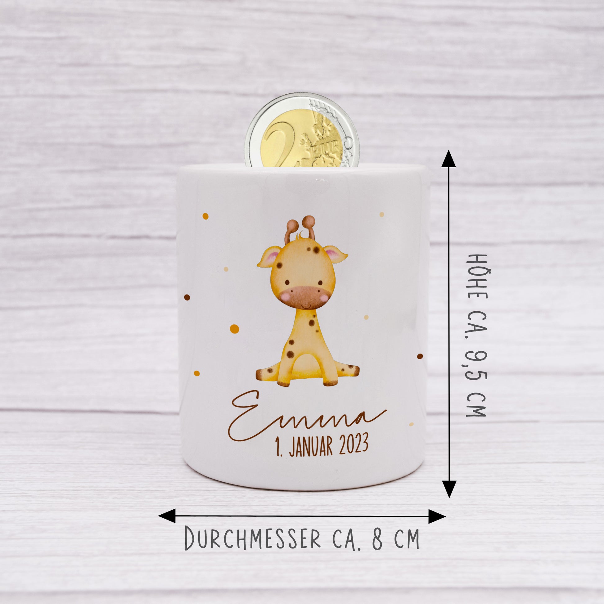 Personalisierte Spardose aus Keramik | mit Wunschnamen und Datum | Giraffe | Tierkinder | Geldgeschenk zur Geburt, Taufe oder Geburtstag - verschenkich.de