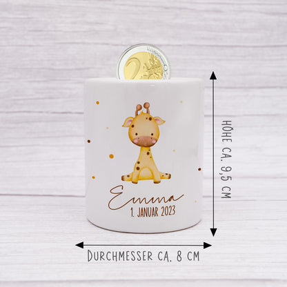 Personalisierte Spardose aus Keramik | mit Wunschnamen und Datum | Giraffe | Tierkinder | Geldgeschenk zur Geburt, Taufe oder Geburtstag - verschenkich.de