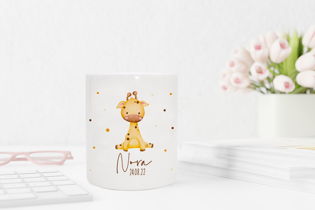 Personalisierte Spardose aus Keramik | mit Wunschnamen und Datum | Giraffe | Tierkinder | Geldgeschenk zur Geburt, Taufe oder Geburtstag - verschenkich.de