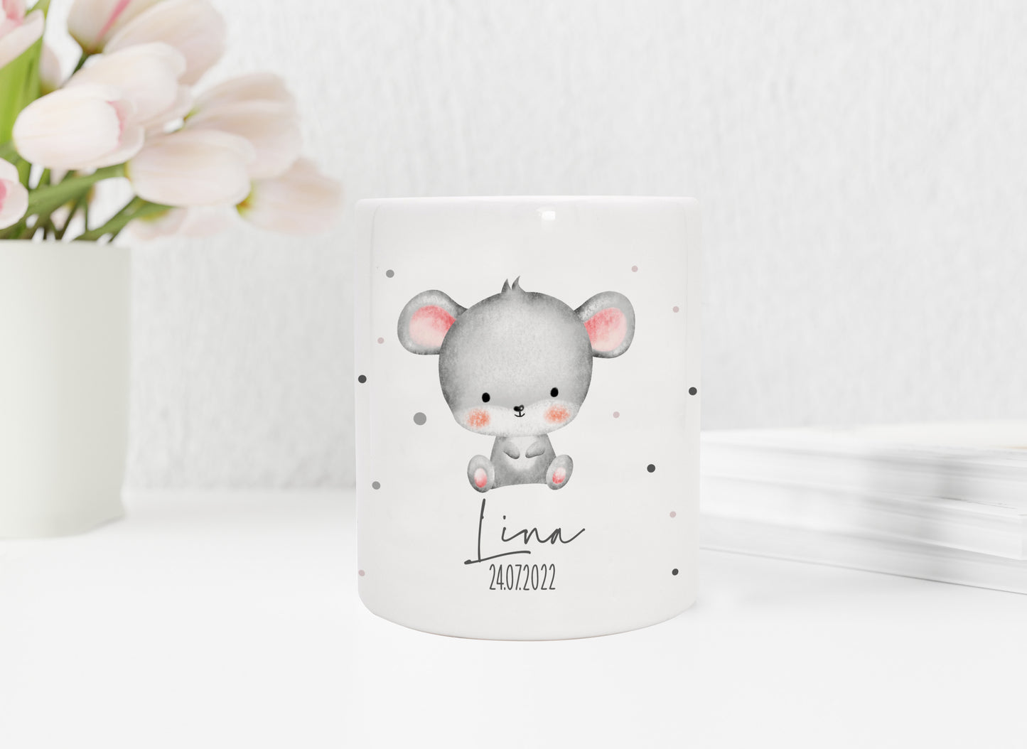 Personalisierte Spardose aus Keramik | mit Wunschnamen und Datum | Maus | Tierkinder | Geldgeschenk zur Geburt, Taufe oder Geburtstag - verschenkich.de