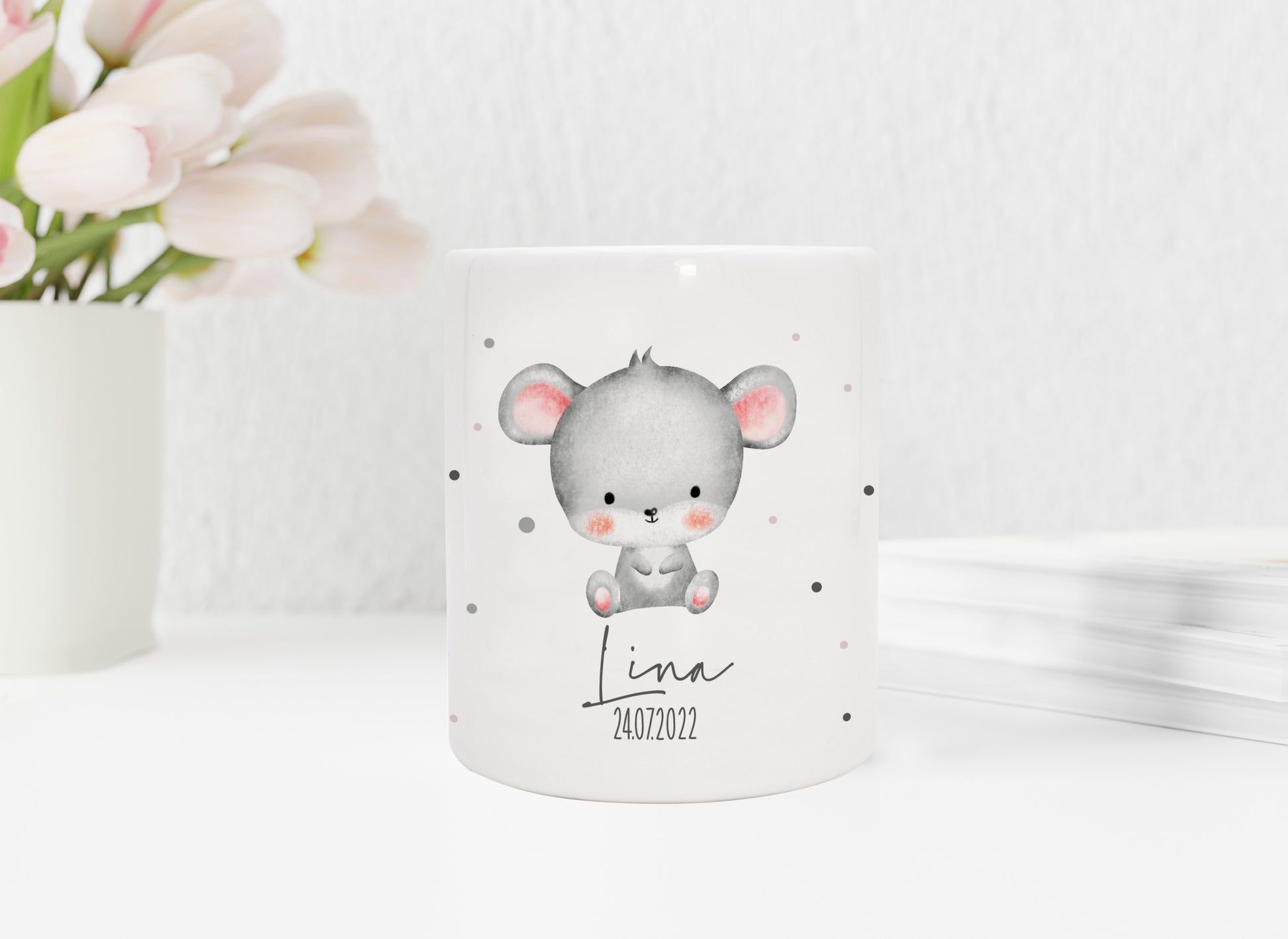 Personalisierte Spardose aus Keramik | mit Wunschnamen und Datum | Maus | Tierkinder | Geldgeschenk zur Geburt, Taufe oder Geburtstag - verschenkich.de