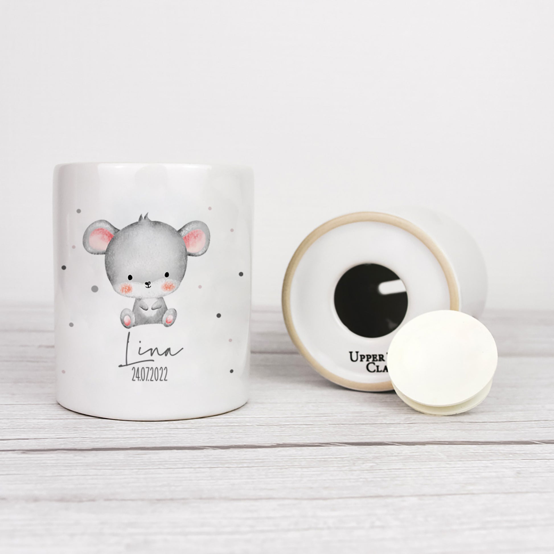 Personalisierte Spardose aus Keramik | mit Wunschnamen und Datum | Maus | Tierkinder | Geldgeschenk zur Geburt, Taufe oder Geburtstag - verschenkich.de