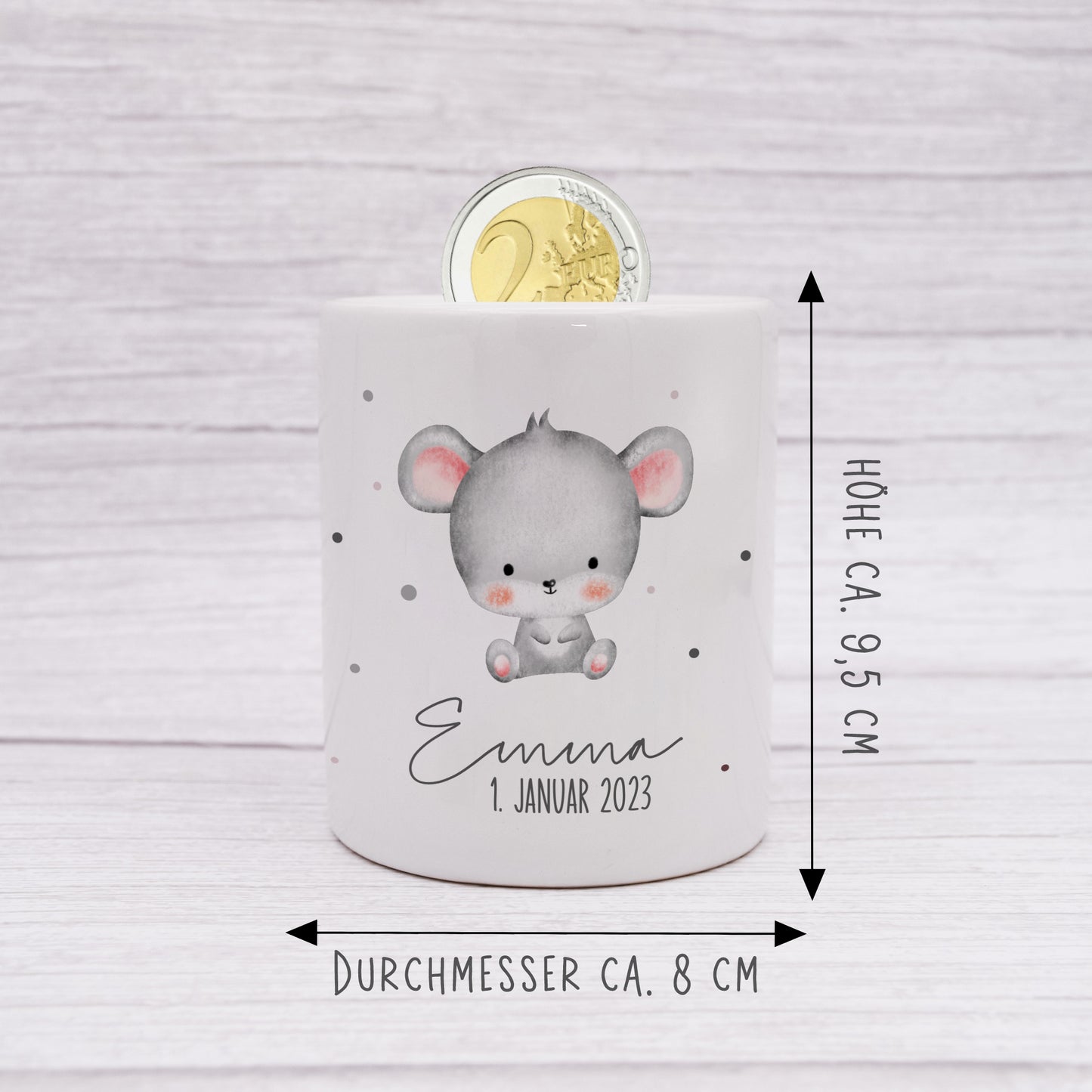 Personalisierte Spardose aus Keramik | mit Wunschnamen und Datum | Maus | Tierkinder | Geldgeschenk zur Geburt, Taufe oder Geburtstag - verschenkich.de