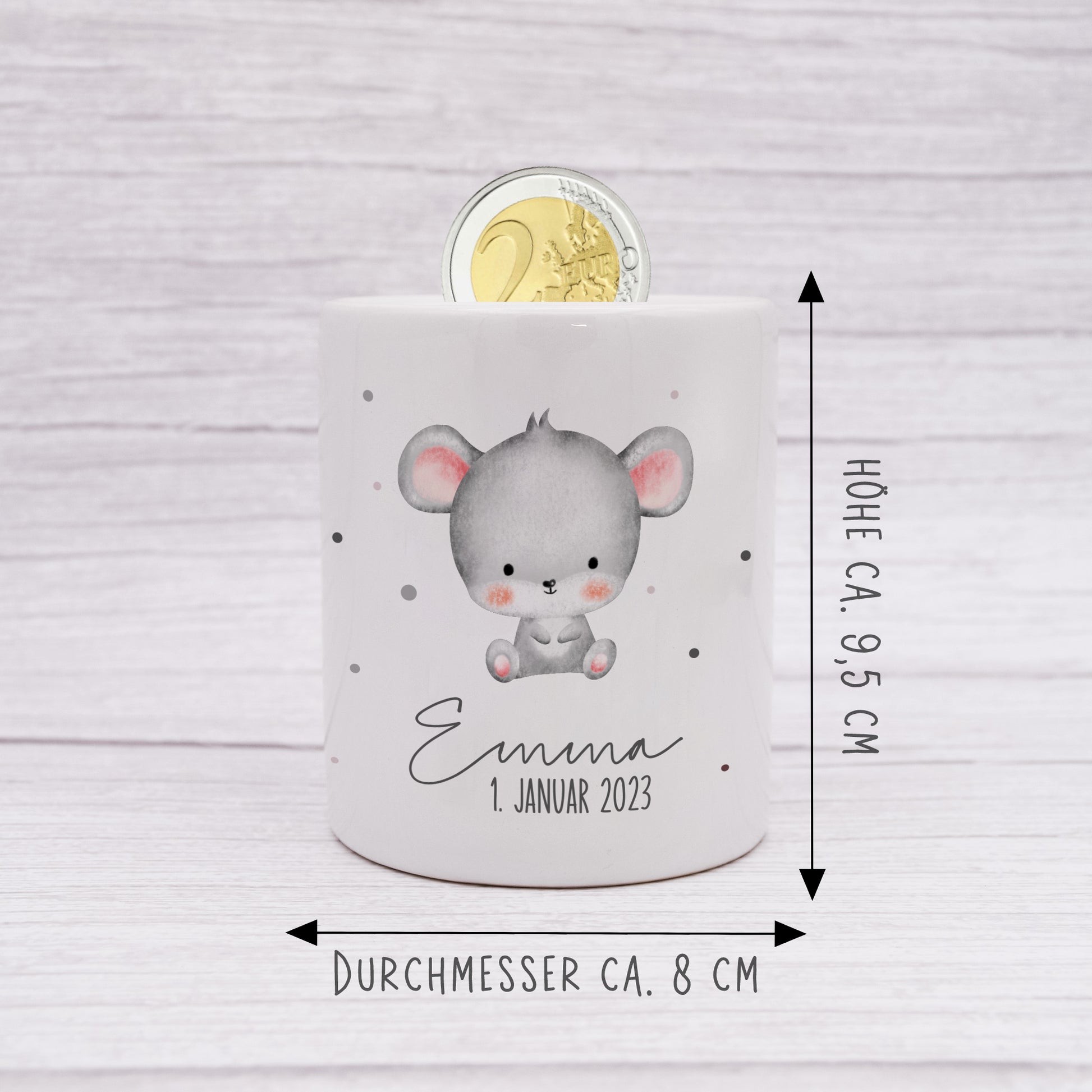 Personalisierte Spardose aus Keramik | mit Wunschnamen und Datum | Maus | Tierkinder | Geldgeschenk zur Geburt, Taufe oder Geburtstag - verschenkich.de