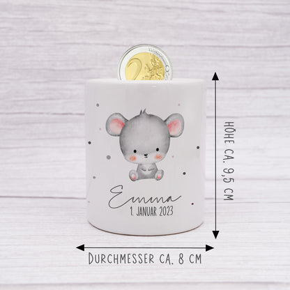 Personalisierte Spardose aus Keramik | mit Wunschnamen und Datum | Maus | Tierkinder | Geldgeschenk zur Geburt, Taufe oder Geburtstag - verschenkich.de
