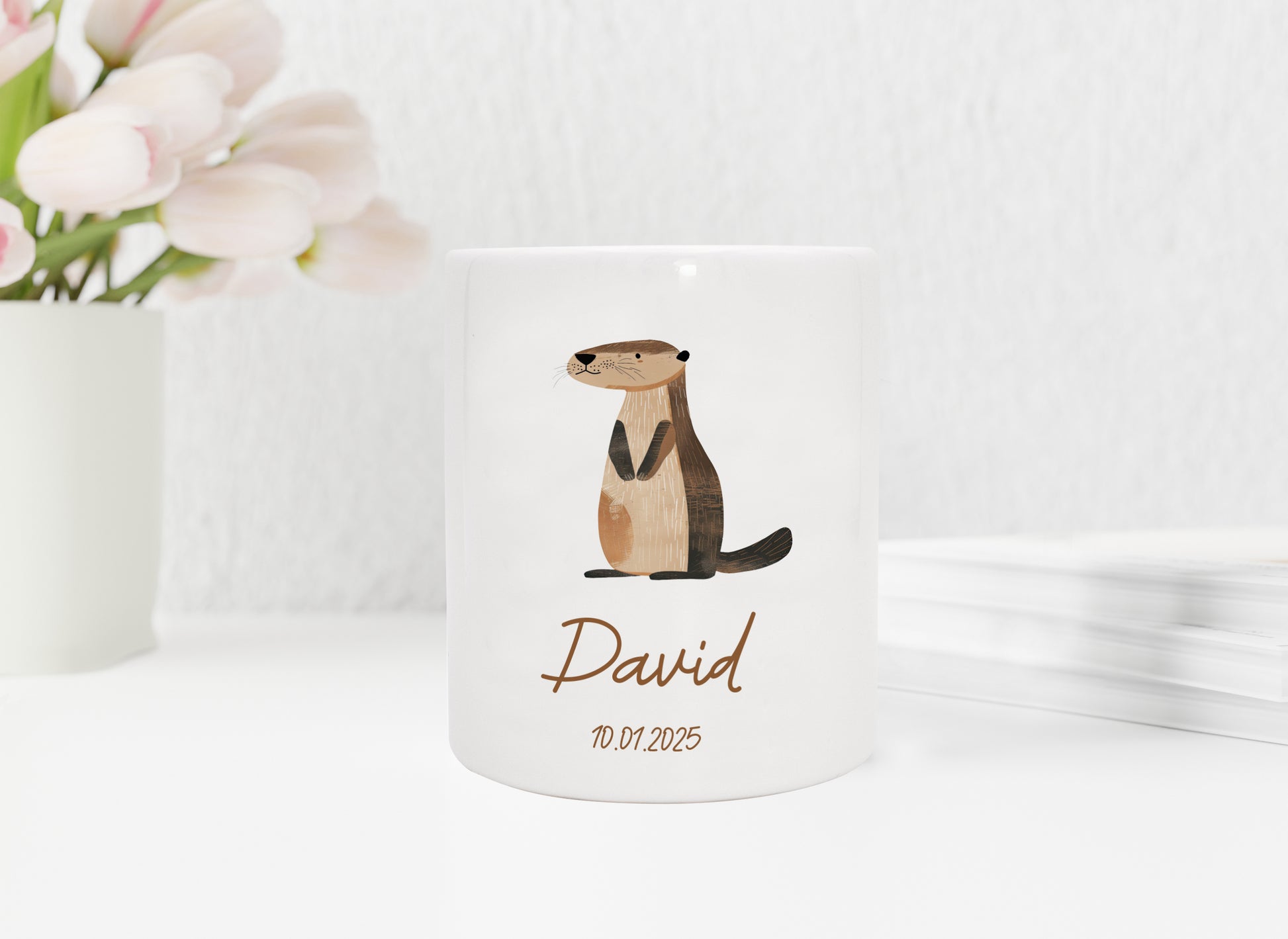 Personalisierte Spardose aus Keramik | mit Wunschnamen und Datum | Otter | Tierparty | bezauberndes Geldgeschenk für Kinder - verschenkich.de