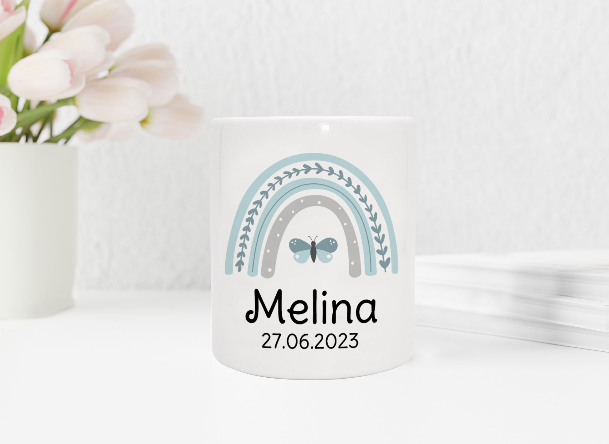 Personalisierte Spardose aus Keramik | mit Wunschnamen und Datum | Regenbogen mint | Schmetterling | bezauberndes Geldgeschenk - verschenkich.de