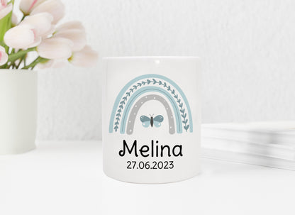 Personalisierte Spardose aus Keramik | mit Wunschnamen und Datum | Regenbogen mint | Schmetterling | bezauberndes Geldgeschenk - verschenkich.de