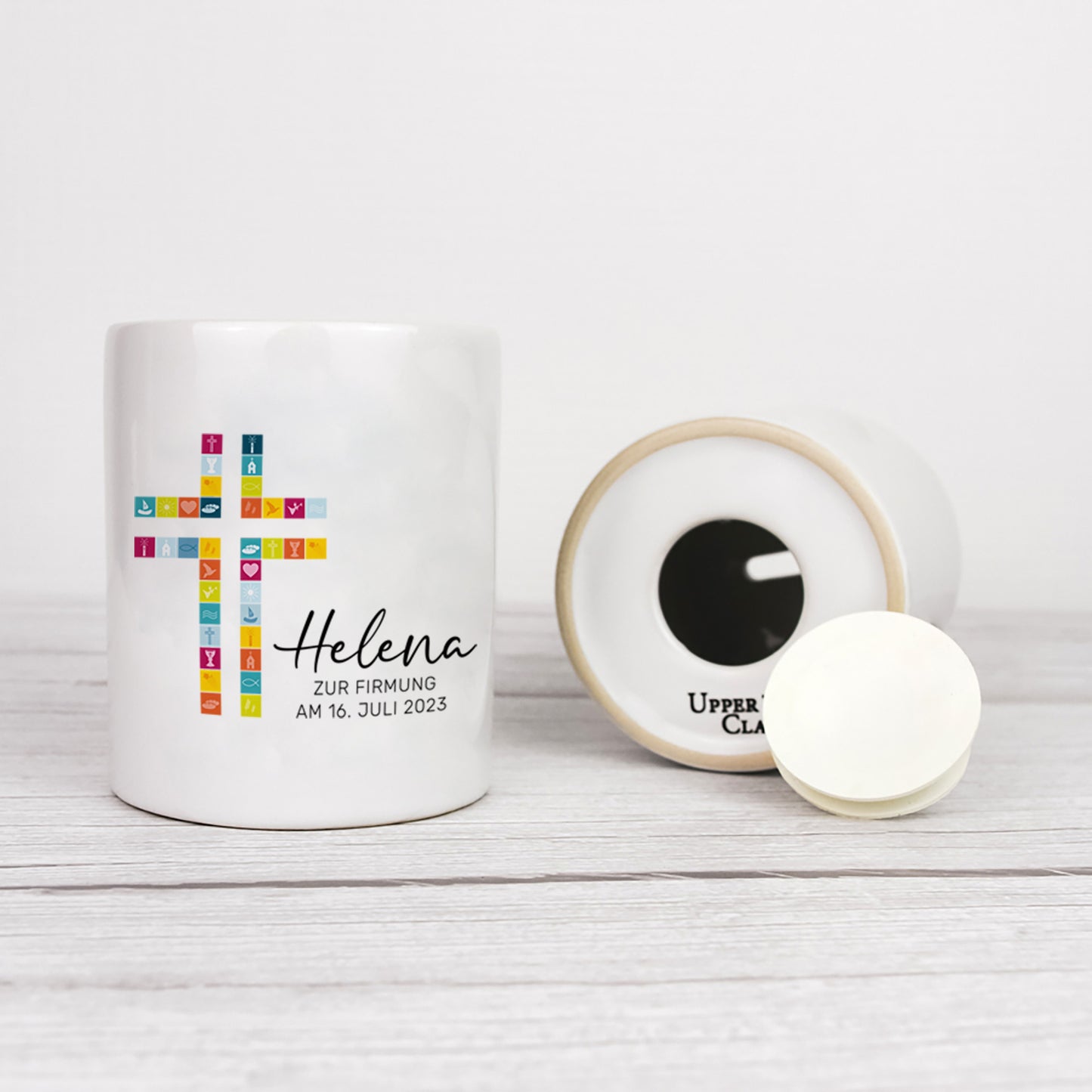 Personalisierte Spardose aus Keramik | mit Wunschnamen und Datum | Taufe Kreuz | bunt | Geschenkidee für ein Geldgeschenk - verschenkich.de