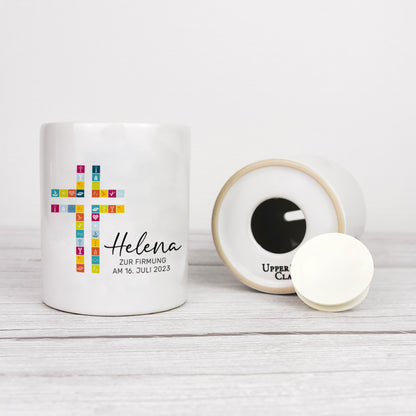 Personalisierte Spardose aus Keramik | mit Wunschnamen und Datum | Taufe Kreuz | bunt | Geschenkidee für ein Geldgeschenk - verschenkich.de