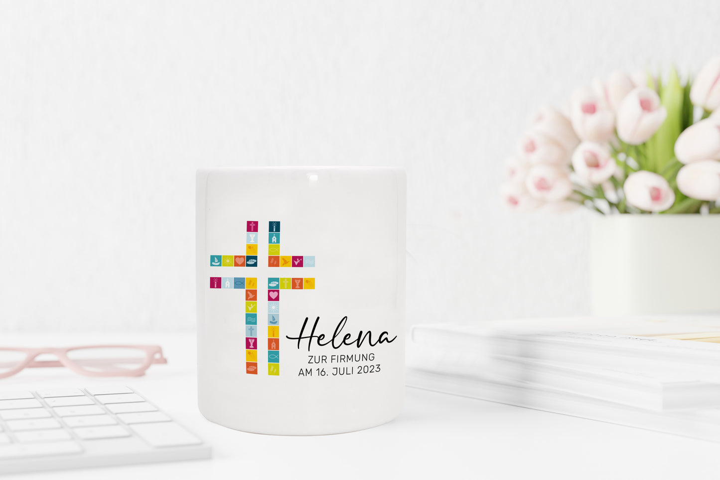 Personalisierte Spardose aus Keramik | mit Wunschnamen und Datum | Taufe Kreuz | bunt | Geschenkidee für ein Geldgeschenk - verschenkich.de
