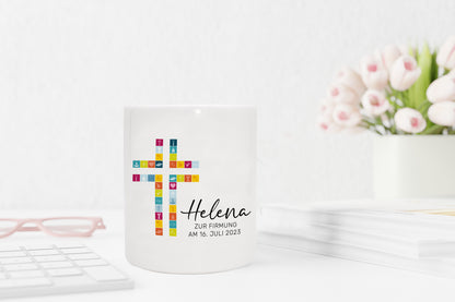 Personalisierte Spardose aus Keramik | mit Wunschnamen und Datum | Taufe Kreuz | bunt | Geschenkidee für ein Geldgeschenk - verschenkich.de