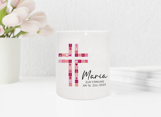 Personalisierte Spardose aus Keramik | mit Wunschnamen und Datum | Taufe Kreuz | rosa | Geschenkidee für ein Geldgeschenk - verschenkich.de