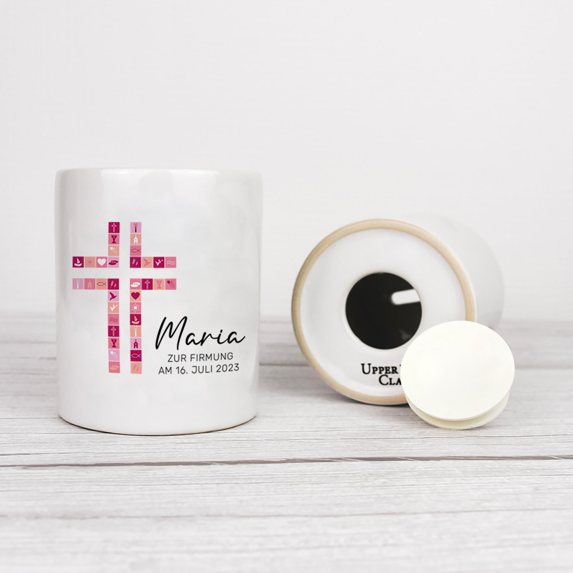 Personalisierte Spardose aus Keramik | mit Wunschnamen und Datum | Taufe Kreuz | rosa | Geschenkidee für ein Geldgeschenk - verschenkich.de