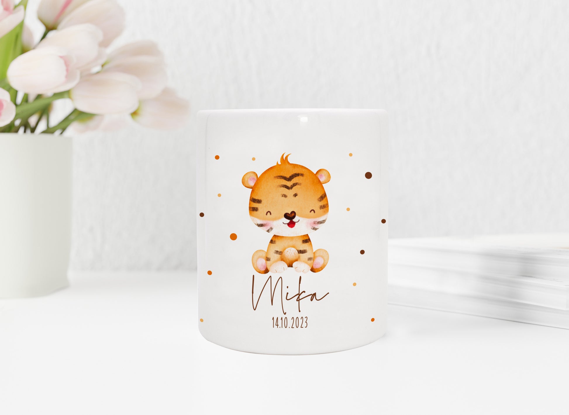 Personalisierte Spardose aus Keramik | mit Wunschnamen und Datum | Tiger | Tierkinder | Geldgeschenk zur Geburt, Taufe oder Geburtstag - verschenkich.de