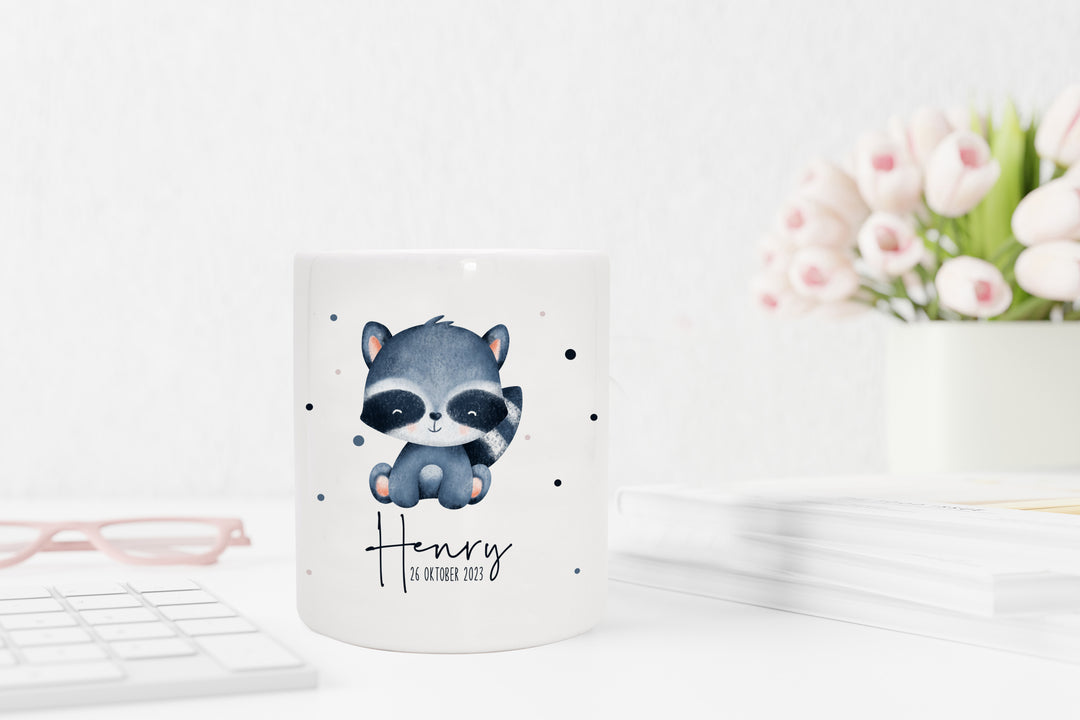 Personalisierte Spardose aus Keramik | mit Wunschnamen und Datum | Waschbär | Tierkinder | Geldgeschenk zur Geburt, Taufe oder Geburtstag - verschenkich.de