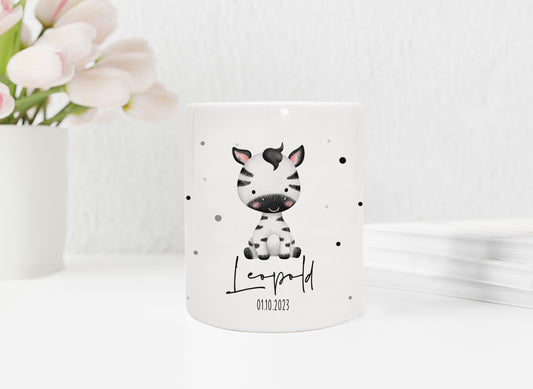 Personalisierte Spardose aus Keramik | mit Wunschnamen und Datum | Zebra | Tierkinder | Geldgeschenk zur Geburt, Taufe oder Geburtstag - verschenkich.de