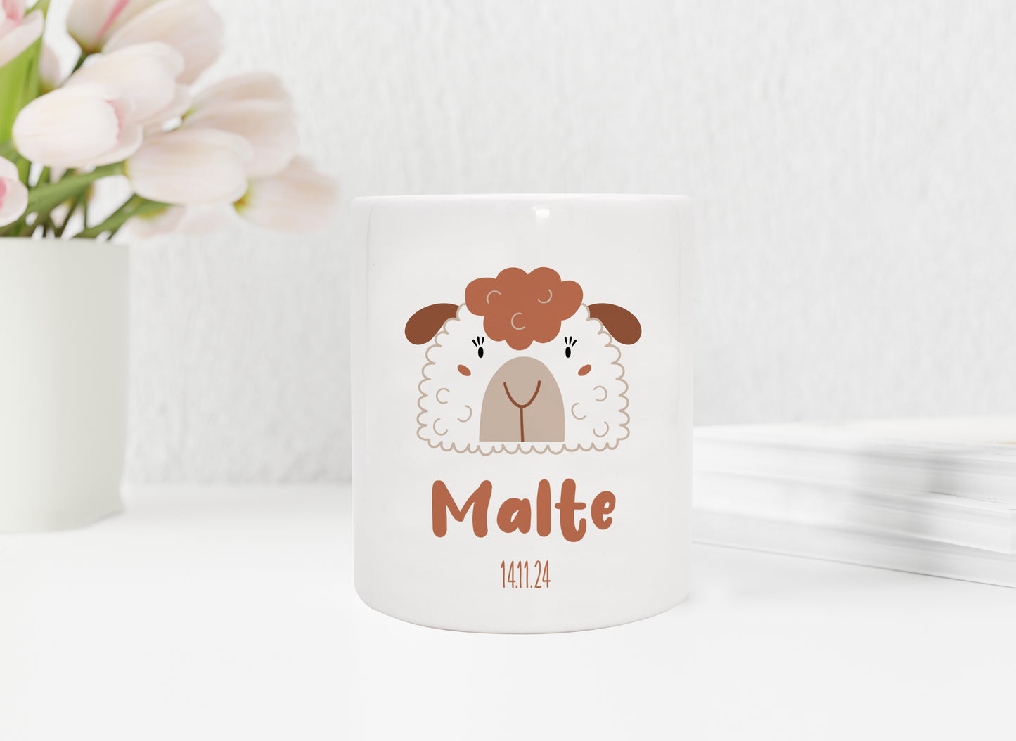 Personalisierte Spardose aus Keramik | Schaf mit Name und Datum - verschenkich.de