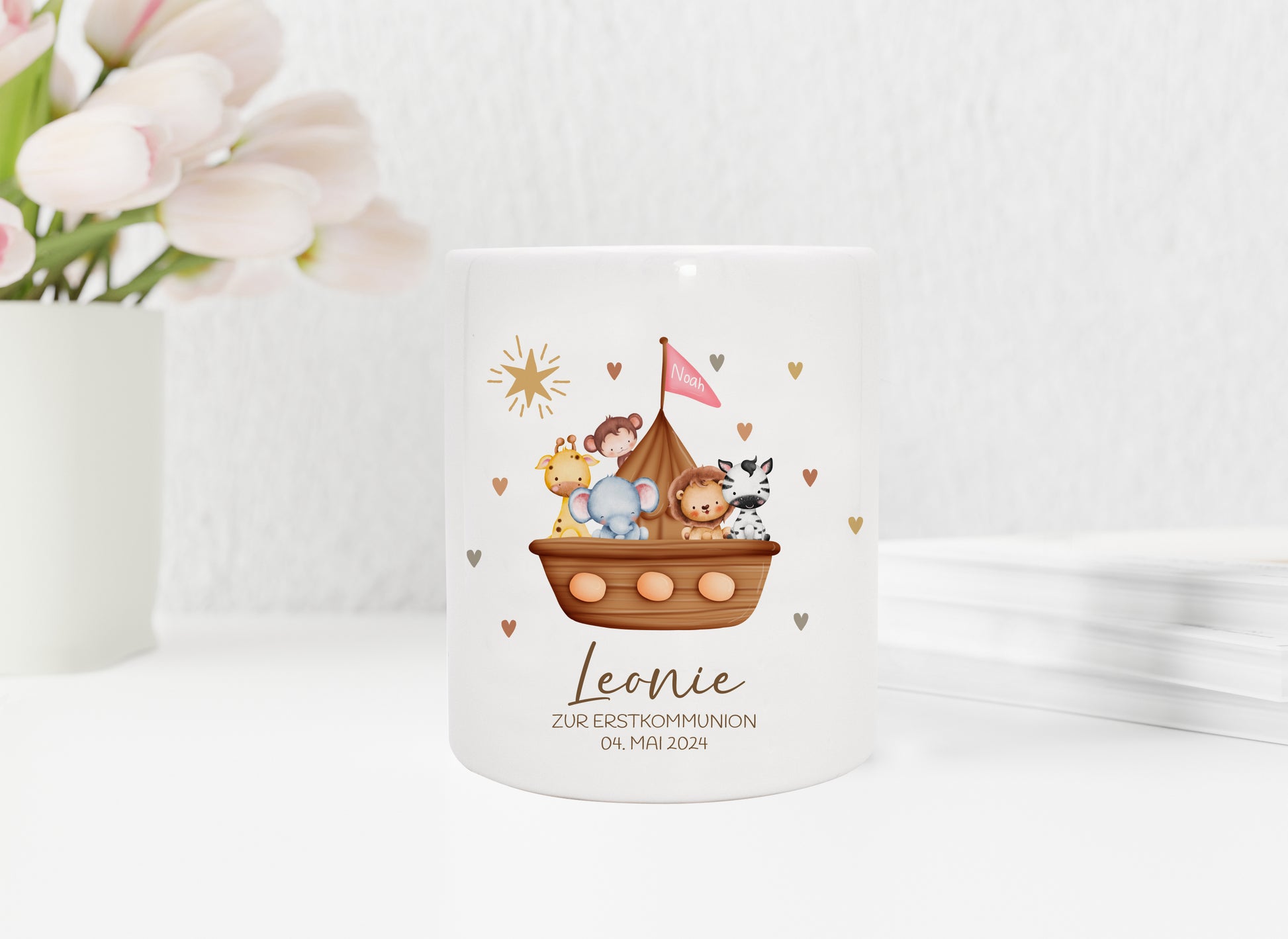 Personalisierte Spardose aus Keramik | Wunschname und Datum | Taufe | Kommunion | Konfirmation | Arche Noah rosa oder blau | Geschenkidee - verschenkich.de