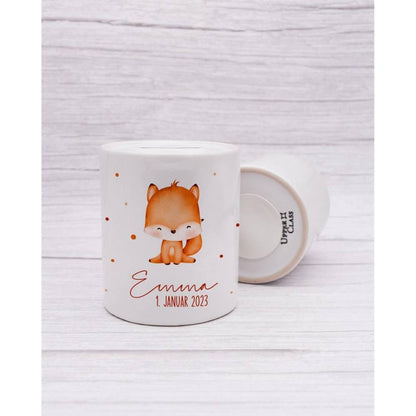 Personalisierte Spardose aus Keramik | mit Wunschnamen und Datum | Fuchs | Tierkinder | Geldgeschenk zur Geburt, Taufe oder Geburtstag - verschenkich.de