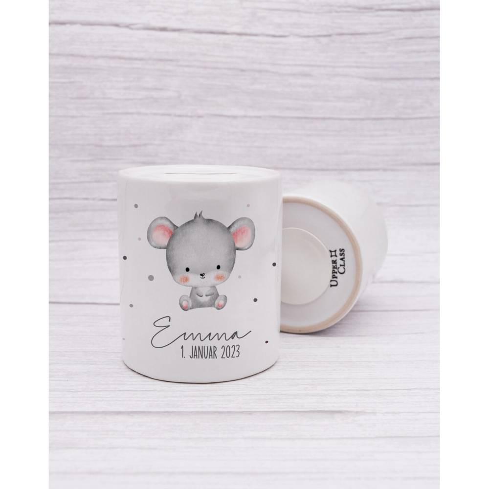 Personalisierte Spardose aus Keramik | mit Wunschnamen und Datum | Maus | Tierkinder | Geldgeschenk zur Geburt, Taufe oder Geburtstag - verschenkich.de