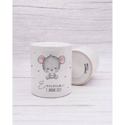 Personalisierte Spardose aus Keramik | mit Wunschnamen und Datum | Maus | Tierkinder | Geldgeschenk zur Geburt, Taufe oder Geburtstag - verschenkich.de