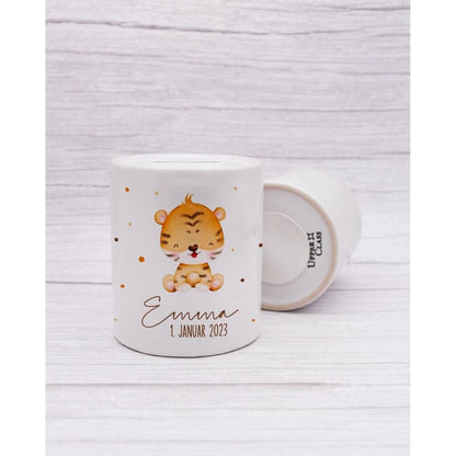 Personalisierte Spardose aus Keramik | mit Wunschnamen und Datum | Tiger | Tierkinder | Geldgeschenk zur Geburt, Taufe oder Geburtstag - verschenkich.de