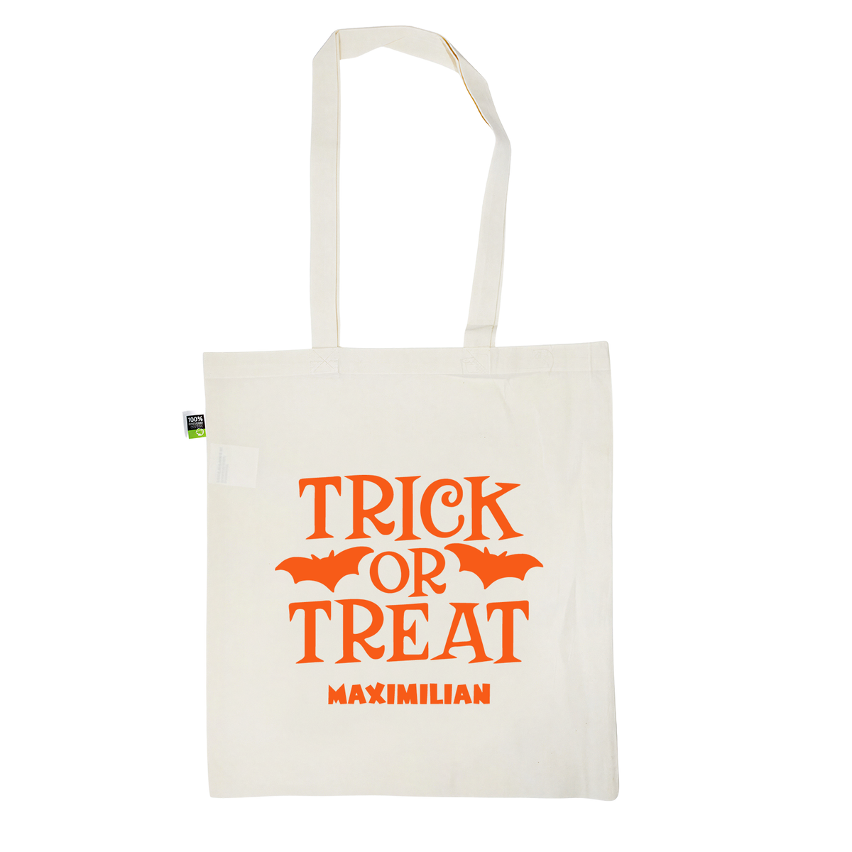 Stofftasche aus Bio- Baumwolle mit Namen | Trick or Treat orange