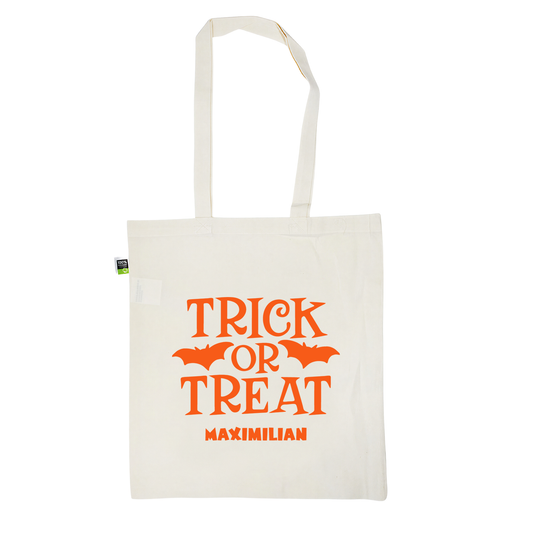 Stofftasche aus Bio- Baumwolle mit Namen | Trick or Treat orange