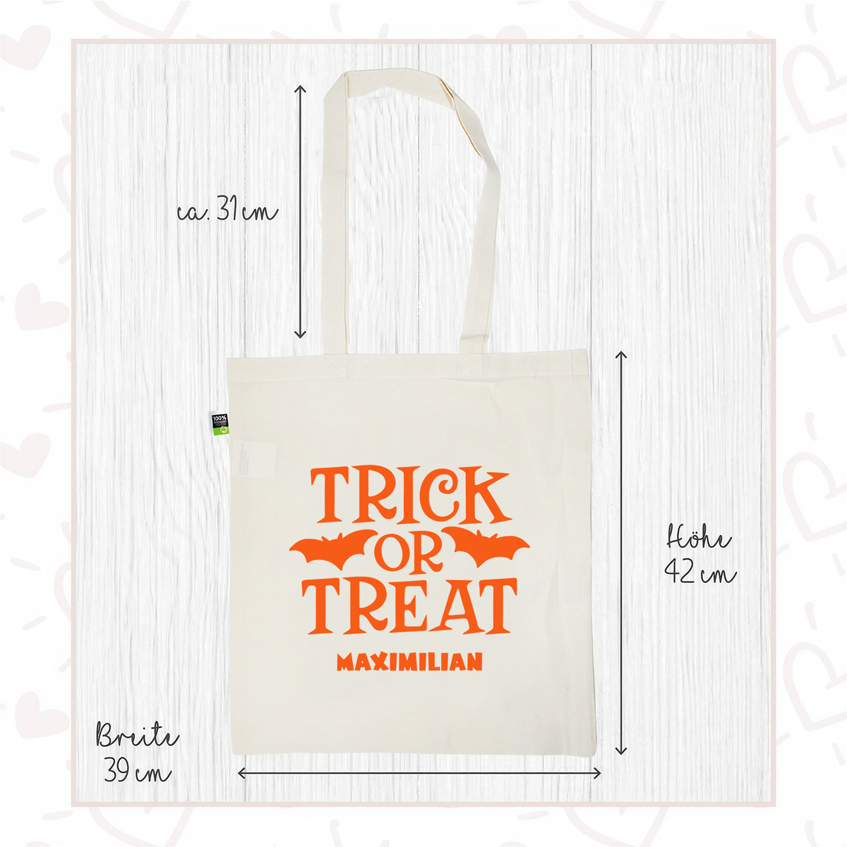 Stofftasche aus Bio- Baumwolle mit Namen | Trick or Treat orange
